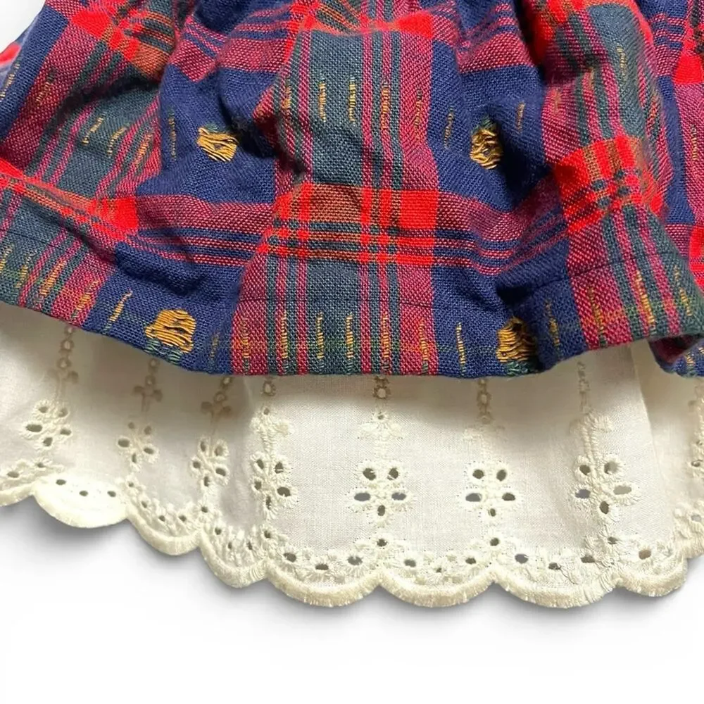 Vintage girls red blue Plaid teddy bear Dress with Lace Collar trim bows size 5